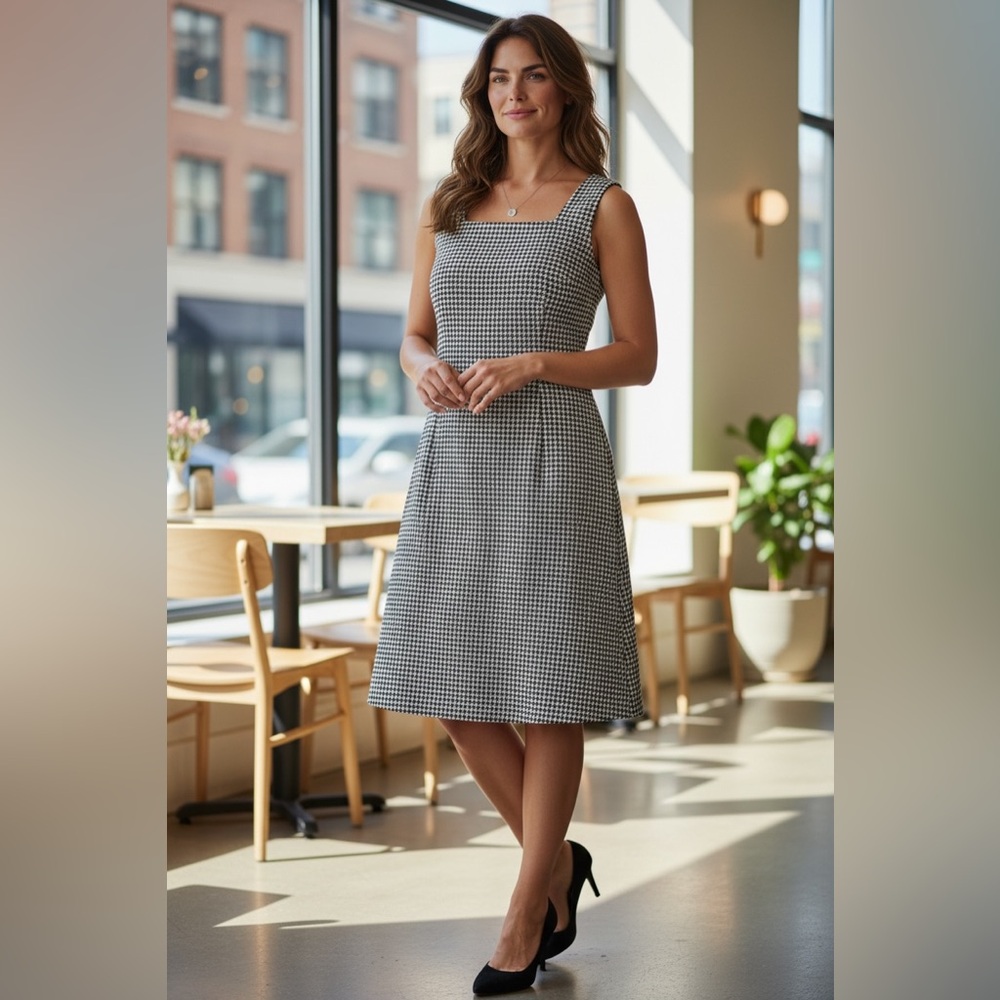 Ann Taylor Black and White Checkered Midi Dress